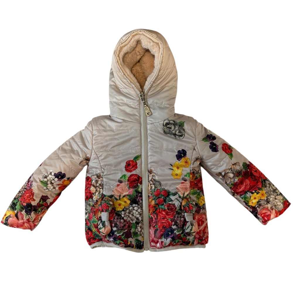 Monna Lisa Girls Reversible Floral Faux‎ Fur Puffer Jacket Hood Size 3